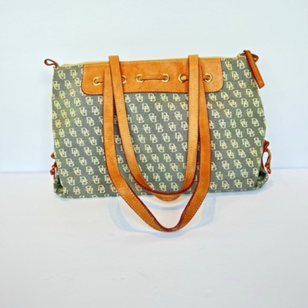 Dooney & Bourke Monogram Canvas Tote Bag Blue Tan Leather Trim Vintage Y2K Boho - Picture 2 of 8